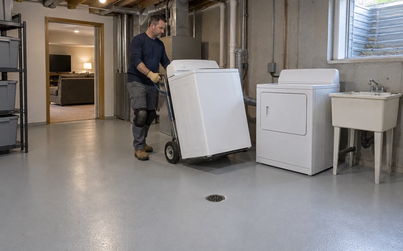 A washer rolled back on an appliance dolly over a newly coated basement laundry floor with a floor drain in an Urbandale home.