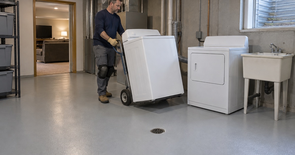 A washer rolled back on an appliance dolly over a newly coated basement laundry floor with a floor drain in an Urbandale home.