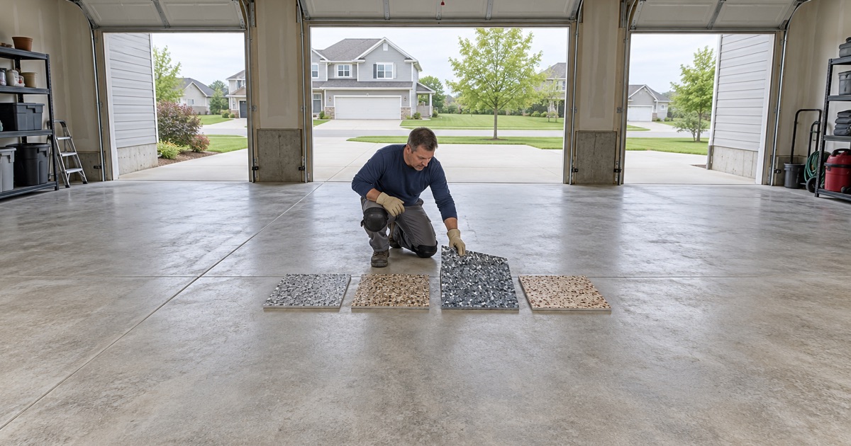 Four flake color samples laid out on a bare Urbandale garage slab so the blend is chosen in the garage’s own light.