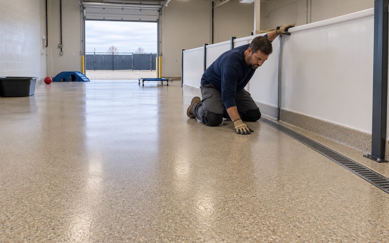 A seamless quartz epoxy floor with a coved base in the play room of an Urbandale dog daycare, ready for the morning wash-down.