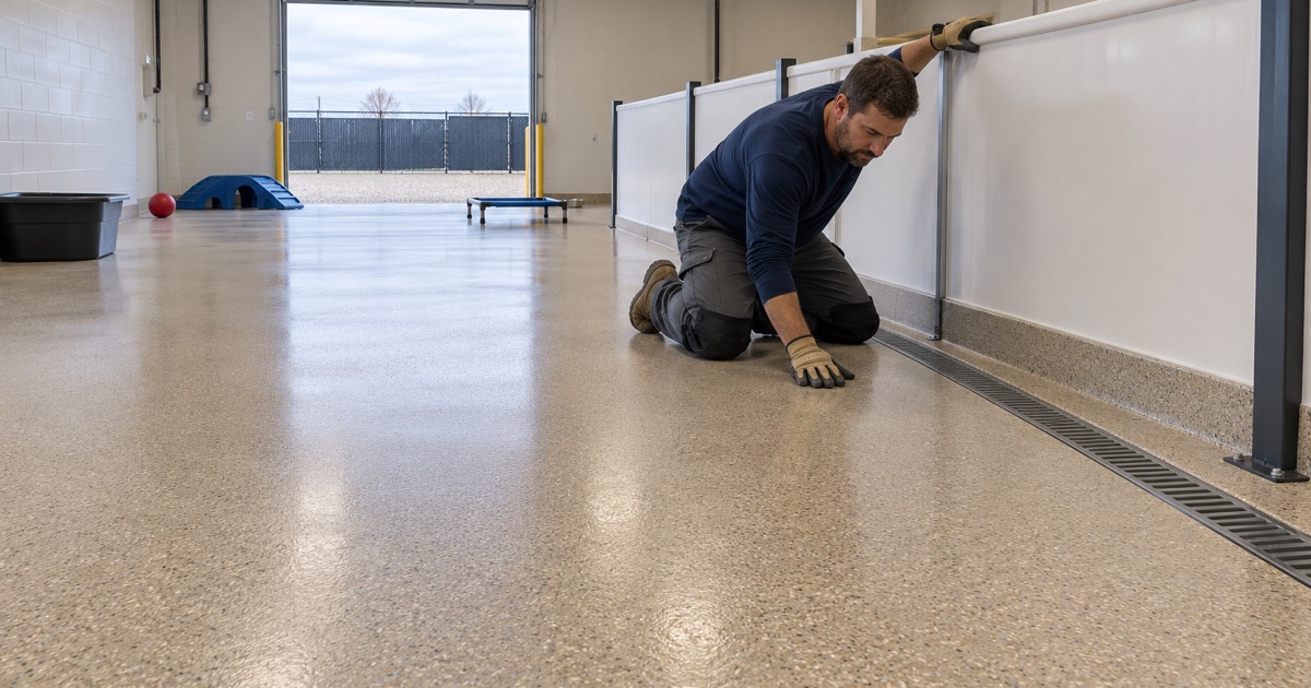 A seamless quartz epoxy floor with a coved base in the play room of an Urbandale dog daycare, ready for the morning wash-down.