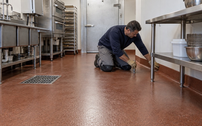 A textured urethane cement floor with an integral coved base in an Urbandale bakery-cafe kitchen, the walk-in cooler door beside it.