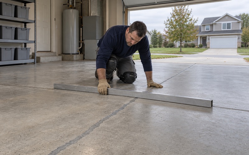 A long crack in an Urbandale garage slab chased out, filled and ground flush, checked with a straightedge before coating.