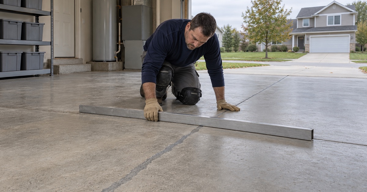 A long crack in an Urbandale garage slab chased out, filled and ground flush, checked with a straightedge before coating.