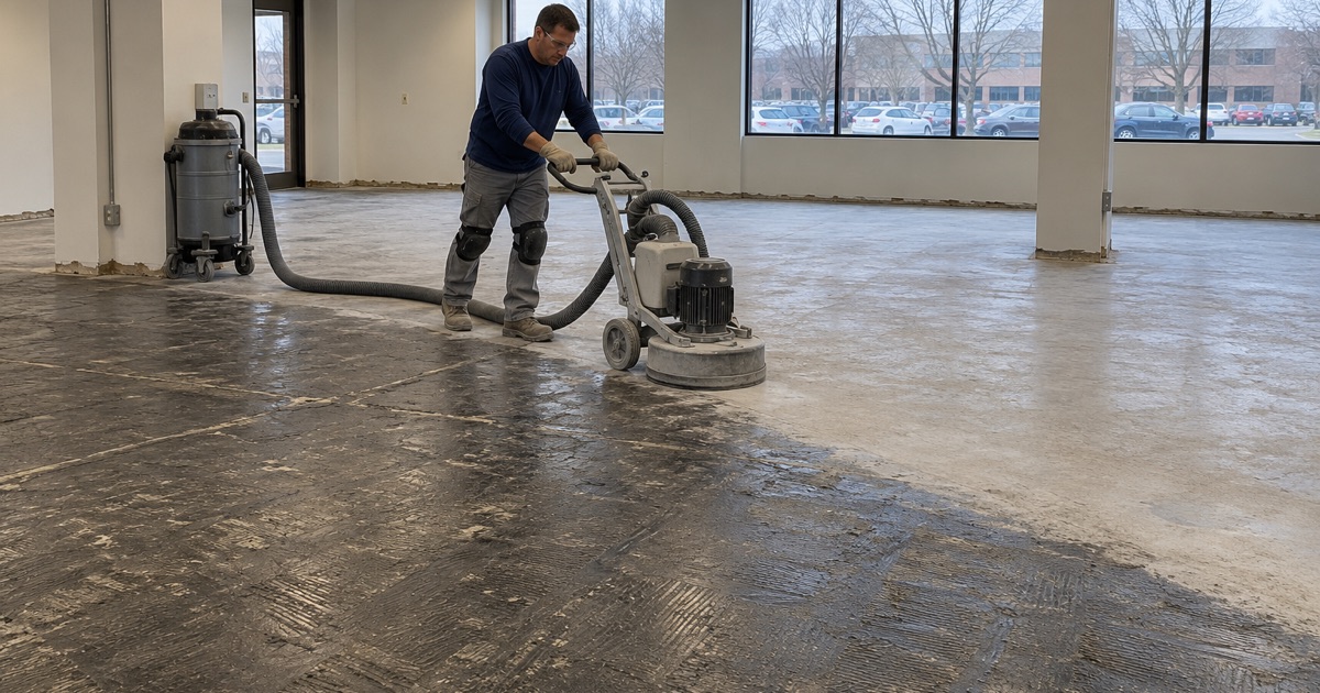 A diamond grinder taking old carpet-tile adhesive off the slab of an Urbandale office suite before a new floor goes down.