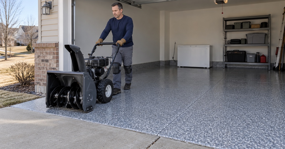 A snow blower rolled back onto a finished slate gray flake garage floor at a 2000s two-story house in northwest Urbandale.