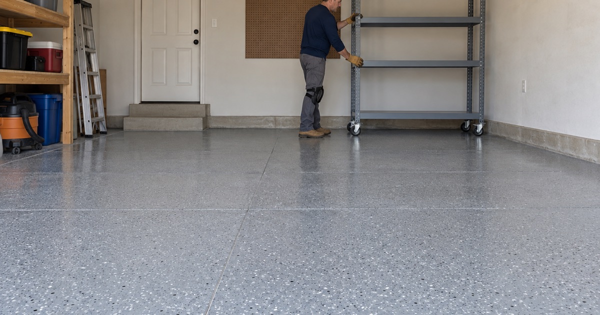 A garage shelving unit rolled back against the wall over a newly coated gray epoxy floor in a 1970s Urbandale ranch.