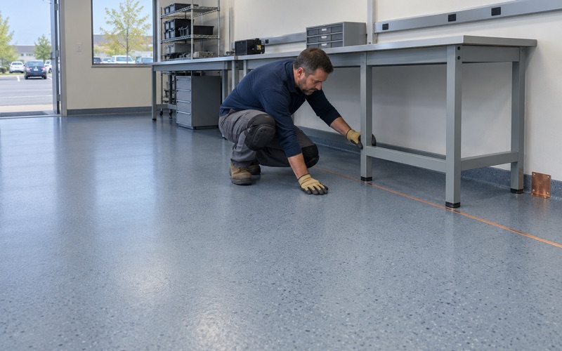 A static-dissipative floor in an Urbandale electronics workroom, its copper grounding strip running from under the benches to the wall.