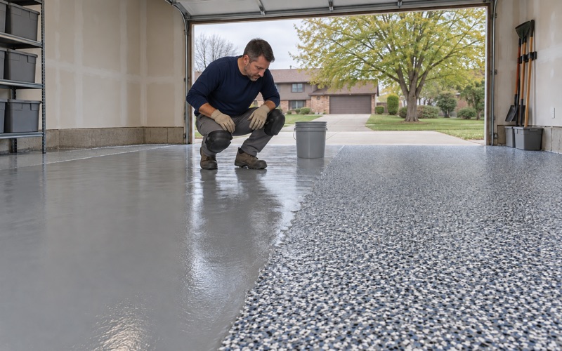 A dense charcoal, white and blue-gray flake broadcast settled across one bay of an Urbandale garage, the base coat showing beyond it.