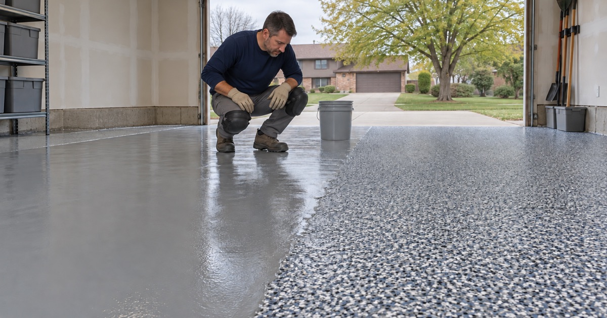 A dense charcoal, white and blue-gray flake broadcast settled across one bay of an Urbandale garage, the base coat showing beyond it.