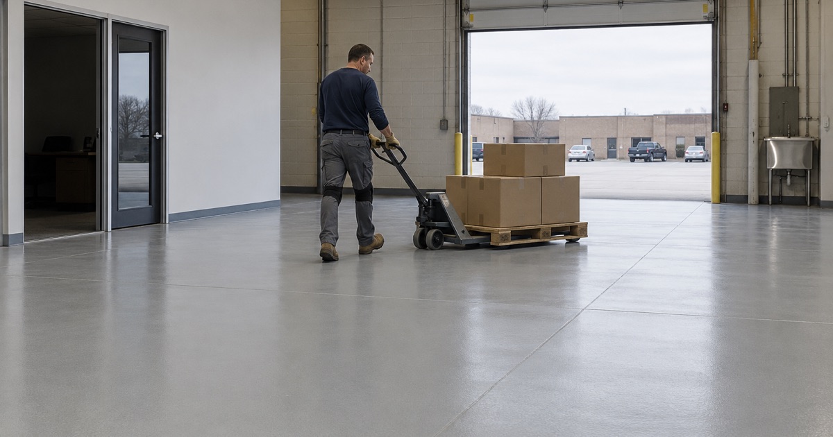 A coated warehouse floor behind the office front of a flex suite in an Urbandale business park, the drive-in door raised.