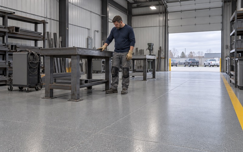 A heavy-duty epoxy floor under steel fabrication tables in an Urbandale metal shop, built for dropped parts and welding spatter.