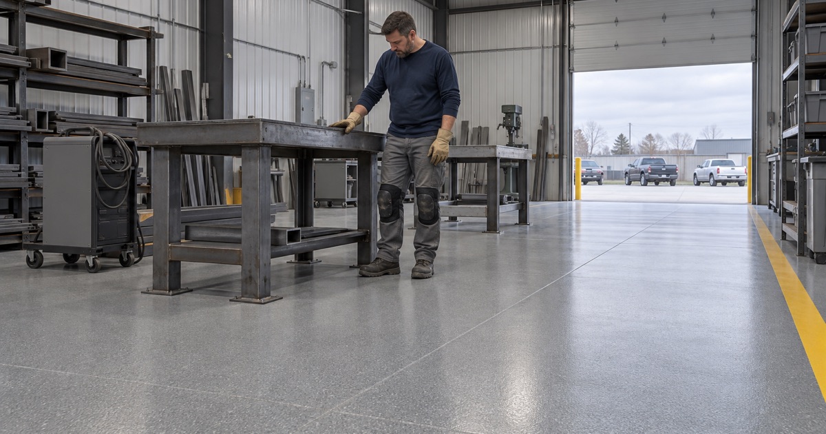A heavy-duty epoxy floor under steel fabrication tables in an Urbandale metal shop, built for dropped parts and welding spatter.