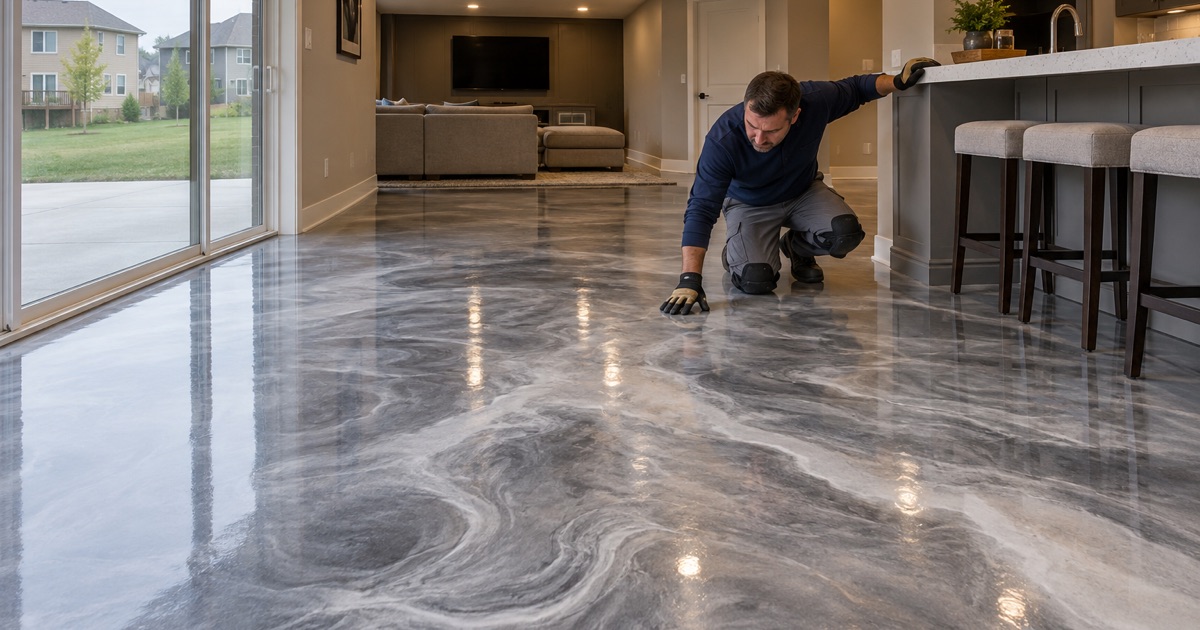 A pearl, silver and charcoal metallic epoxy floor in the finished lower-level bar of a newer Urbandale home.