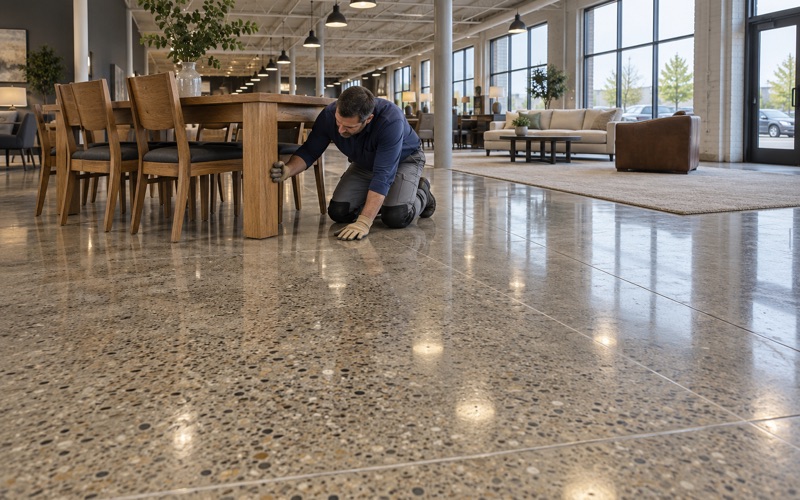 A polished aggregate concrete floor under a dining set in a large Urbandale furniture showroom set in a converted factory building.
