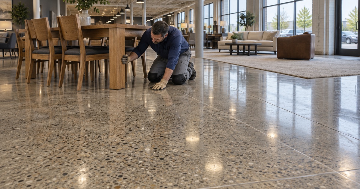 A polished aggregate concrete floor under a dining set in a large Urbandale furniture showroom set in a converted factory building.